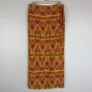 Vintage Y2K 90s Rue 21 Vibrant Paisley Floral Maxi Wrap Skirt Orange Medium
